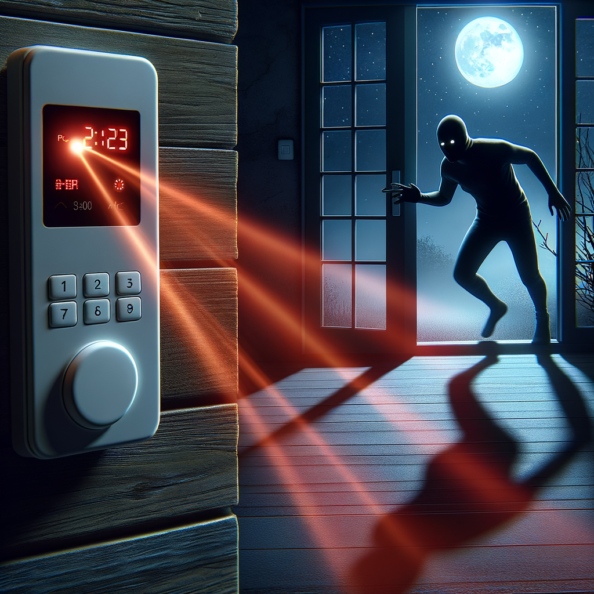 Mentre l’intruso tenta di forzare la finestra, mostra un sottile raggio di luce infrarossa che viene disturbato. In primo piano, un sensore di movimento nascosto nel buio cattura il cambiamento e invia un segnale al sistema di sicurezza. All’interno della casa, mostra il pannello di controllo digitale che si illumina improvvisamente, mentre un allarme discreto ma penetrante risuona nell’aria calma della notte.