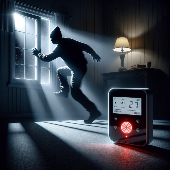 Mentre l’intruso tenta di forzare la finestra, mostra un sottile raggio di luce infrarossa che viene disturbato. In primo piano, un sensore di movimento nascosto nel buio cattura il cambiamento e invia un segnale al sistema di sicurezza. All’interno della casa, mostra il pannello di controllo digitale che si illumina improvvisamente, mentre un allarme discreto ma penetrante risuona nell’aria calma della notte.