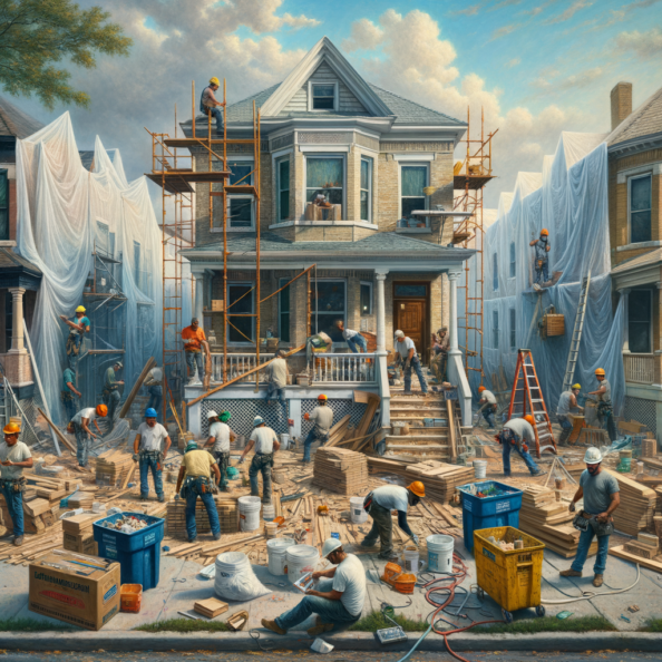 In una tranquilla strada di quartiere, una casa dalle vecchie pareti sbiadite si prepara a subire una trasformazione. Il cantiere di ristrutturazione è un’effervescente sinfonia di attività, con operai che lavorano con fervore per portare nuova vita all’edificio.All’esterno, impalcature avvolgono la casa come un abbraccio protettivo, mentre teloni di plastica proteggono le finestre e le porte dagli elementi. Il suono costante di martelli e trapani riempie l’aria, mescolandosi al vociare degli operai che si scambiano istruzioni e battute.Sul marciapiede, una serie di cassoni gialli e blu attendono di essere riempiti con detriti e materiali da smaltire. Alcuni operai si occupano di rimuovere vecchi elementi strutturali, facendo crollare muri interni per creare spazi più aperti e moderni.All’interno della casa, il suolo è coperto di trucioli di legno e sacchi di cemento, mentre l’odore pungente di vernice fresca si diffonde nell’aria. Elettricisti si arrampicano sulle scale per installare nuovi impianti elettrici, mentre idraulici lavorano sotto il lavandino della cucina per sostituire vecchie tubature con nuovi sistemi moderni.Nel soggiorno, operai abili rimuovono vecchi rivestimenti murali per scoprire le pareti di mattoni originarie, pronte ad essere restaurate e riportate al loro antico splendore. Lungo il corridoio, altri operai applicano stucco fresco e liscio, preparando le pareti per una nuova finitura.Nonostante il caos apparente, c’è un senso di eccitazione nell’aria, un’anticipazione per la trasformazione imminente. Ogni battito di martello e ogni pennellata di vernice porta l’edificio un passo più vicino alla sua nuova vita, pronta a accogliere i suoi abitanti con comfort e stile rinnovati.