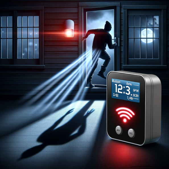 Mentre l’intruso tenta di forzare la finestra, mostra un sottile raggio di luce infrarossa che viene disturbato. In primo piano, un sensore di movimento nascosto nel buio cattura il cambiamento e invia un segnale al sistema di sicurezza. All’interno della casa, mostra il pannello di controllo digitale che si illumina improvvisamente, mentre un allarme discreto ma penetrante risuona nell’aria calma della notte.