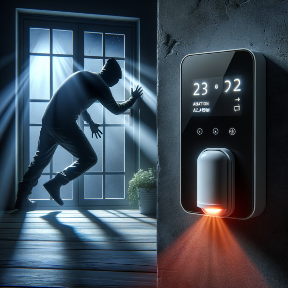 Mentre l’intruso tenta di forzare la finestra, mostra un sottile raggio di luce infrarossa che viene disturbato. In primo piano, un sensore di movimento nascosto nel buio cattura il cambiamento e invia un segnale al sistema di sicurezza. All’interno della casa, mostra il pannello di controllo digitale che si illumina improvvisamente, mentre un allarme discreto ma penetrante risuona nell’aria calma della notte.