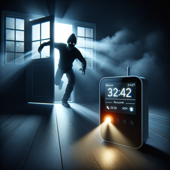 Mentre l’intruso tenta di forzare la finestra, mostra un sottile raggio di luce infrarossa che viene disturbato. In primo piano, un sensore di movimento nascosto nel buio cattura il cambiamento e invia un segnale al sistema di sicurezza. All’interno della casa, mostra il pannello di controllo digitale che si illumina improvvisamente, mentre un allarme discreto ma penetrante risuona nell’aria calma della notte.