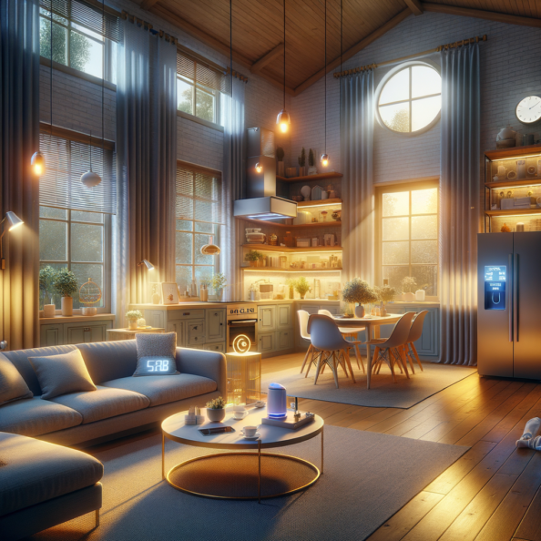 In una tranquilla casa di periferia, avvolta nell’atmosfera serena del pomeriggio, gli interni sono illuminati da una luce naturale che filtra attraverso le finestre. Non c’è nessuno in casa, ma il silenzio è interrotto solo dal leggero ronzio dei dispositivi elettronici.Nel soggiorno, la luce dell’ambiente si regola automaticamente, adattandosi alla luce naturale che varia con il trascorrere del giorno. Le tende si aprono e si chiudono delicatamente, seguendo un programma prestabilito per garantire la giusta quantità di luce e privacy in ogni momento.Nella cucina, un bollitore ad acqua si accende autonomamente, pronto a preparare una tazza di tè per il ritorno degli abitanti. Il frigorifero, dotato di sensori intelligenti, controlla costantemente la temperatura e la quantità di cibo al suo interno, avvisando di eventuali necessità di rifornimento o di problemi di conservazione.Nelle stanze da letto, i letti regolano automaticamente la loro temperatura e inclinazione per garantire un sonno confortevole. Le luci notturne si accendono dolcemente quando il sensore di movimento rileva un passaggio, illuminando il percorso senza disturbare il sonno.Nel bagno, il sistema di ventilazione si attiva autonomamente quando viene rilevata un’alta umidità, prevenendo la formazione di muffa e mantenendo l’ambiente fresco e asciutto.All’esterno, il sistema di irrigazione del giardino entra in azione, distribuendo l’acqua in modo uniforme e efficiente per mantenere il verde rigoglioso e vivace.Non c’è nessuno in casa, ma gli impianti di domotica lavorano instancabilmente per garantire il comfort, la sicurezza e l’efficienza energetica della dimora, creando un ambiente accogliente e funzionale che attende pazientemente il ritorno dei suoi abitanti.
