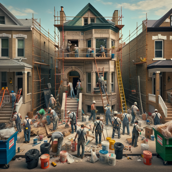 In una tranquilla strada di quartiere, una casa dalle vecchie pareti sbiadite si prepara a subire una trasformazione. Il cantiere di ristrutturazione è un’effervescente sinfonia di attività, con operai che lavorano con fervore per portare nuova vita all’edificio.All’esterno, impalcature avvolgono la casa come un abbraccio protettivo, mentre teloni di plastica proteggono le finestre e le porte dagli elementi. Il suono costante di martelli e trapani riempie l’aria, mescolandosi al vociare degli operai che si scambiano istruzioni e battute.Sul marciapiede, una serie di cassoni gialli e blu attendono di essere riempiti con detriti e materiali da smaltire. Alcuni operai si occupano di rimuovere vecchi elementi strutturali, facendo crollare muri interni per creare spazi più aperti e moderni.All’interno della casa, il suolo è coperto di trucioli di legno e sacchi di cemento, mentre l’odore pungente di vernice fresca si diffonde nell’aria. Elettricisti si arrampicano sulle scale per installare nuovi impianti elettrici, mentre idraulici lavorano sotto il lavandino della cucina per sostituire vecchie tubature con nuovi sistemi moderni.Nel soggiorno, operai abili rimuovono vecchi rivestimenti murali per scoprire le pareti di mattoni originarie, pronte ad essere restaurate e riportate al loro antico splendore. Lungo il corridoio, altri operai applicano stucco fresco e liscio, preparando le pareti per una nuova finitura.Nonostante il caos apparente, c’è un senso di eccitazione nell’aria, un’anticipazione per la trasformazione imminente. Ogni battito di martello e ogni pennellata di vernice porta l’edificio un passo più vicino alla sua nuova vita, pronta a accogliere i suoi abitanti con comfort e stile rinnovati.