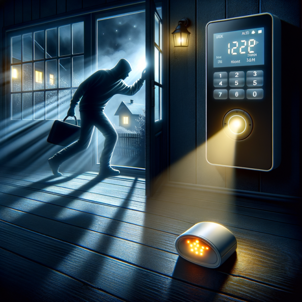 Mentre l’intruso tenta di forzare la finestra, mostra un sottile raggio di luce infrarossa che viene disturbato. In primo piano, un sensore di movimento nascosto nel buio cattura il cambiamento e invia un segnale al sistema di sicurezza. All’interno della casa, mostra il pannello di controllo digitale che si illumina improvvisamente, mentre un allarme discreto ma penetrante risuona nell’aria calma della notte.