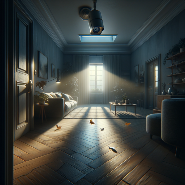 Nel silenzio di una casa deserta, l’unico rumore è il lieve ronzio dell’impianto di climatizzazione che riecheggia nei corridoi vuoti. L’atmosfera è tranquilla, ma gli occhi vigili delle telecamere di sorveglianza non conoscono riposo.Nella penombra delle stanze, le telecamere montate strategicamente scrutano ogni angolo con precisione chirurgica. Zoomano sui dettagli più piccoli, catturando ogni movimento, ogni variazione di luce, ogni segno di vita o di intrusione.Una telecamera montata sopra l’ingresso principale osserva silenziosamente mentre una foglia sospinta dal vento scivola sul marciapiede vuoto. Un’altra telecamera, posizionata nel soggiorno, inquadra il divano vuoto, la luce del sole che filtra dalle tende e crea motivi d’ombra sul pavimento immacolato.Nel frattempo, una terza telecamera panning, nascosta sotto un mobile, sorveglia la cucina, registrando ogni scatto del frigorifero che si apre e si chiude con il passaggio dell’aria condizionata.L’impianto di videosorveglianza funziona come un occhio onniveggente, senza emozioni né distrazioni. Non c’è bisogno di riposo o pausa, solo la continua vigilanza su ogni centimetro della casa.La casa, priva di persone, è avvolta nel suo silenzio solitario, ma gli occhi delle telecamere restano aperti, pronti a catturare qualsiasi evento che si verifichi, garantendo la sicurezza e la protezione anche quando gli abitanti sono lontani.
