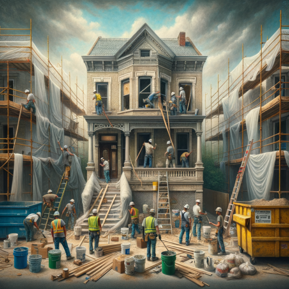 In una tranquilla strada di quartiere, una casa dalle vecchie pareti sbiadite si prepara a subire una trasformazione. Il cantiere di ristrutturazione è un’effervescente sinfonia di attività, con operai che lavorano con fervore per portare nuova vita all’edificio.All’esterno, impalcature avvolgono la casa come un abbraccio protettivo, mentre teloni di plastica proteggono le finestre e le porte dagli elementi. Il suono costante di martelli e trapani riempie l’aria, mescolandosi al vociare degli operai che si scambiano istruzioni e battute.Sul marciapiede, una serie di cassoni gialli e blu attendono di essere riempiti con detriti e materiali da smaltire. Alcuni operai si occupano di rimuovere vecchi elementi strutturali, facendo crollare muri interni per creare spazi più aperti e moderni.All’interno della casa, il suolo è coperto di trucioli di legno e sacchi di cemento, mentre l’odore pungente di vernice fresca si diffonde nell’aria. Elettricisti si arrampicano sulle scale per installare nuovi impianti elettrici, mentre idraulici lavorano sotto il lavandino della cucina per sostituire vecchie tubature con nuovi sistemi moderni.Nel soggiorno, operai abili rimuovono vecchi rivestimenti murali per scoprire le pareti di mattoni originarie, pronte ad essere restaurate e riportate al loro antico splendore. Lungo il corridoio, altri operai applicano stucco fresco e liscio, preparando le pareti per una nuova finitura.Nonostante il caos apparente, c’è un senso di eccitazione nell’aria, un’anticipazione per la trasformazione imminente. Ogni battito di martello e ogni pennellata di vernice porta l’edificio un passo più vicino alla sua nuova vita, pronta a accogliere i suoi abitanti con comfort e stile rinnovati.