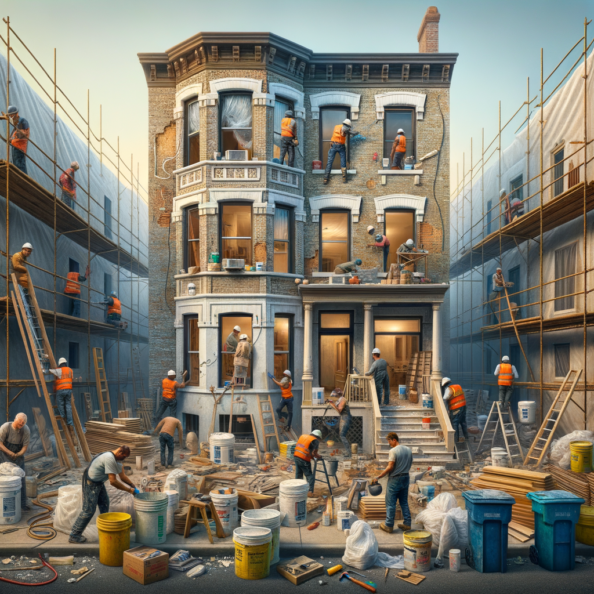 In una tranquilla strada di quartiere, una casa dalle vecchie pareti sbiadite si prepara a subire una trasformazione. Il cantiere di ristrutturazione è un’effervescente sinfonia di attività, con operai che lavorano con fervore per portare nuova vita all’edificio.All’esterno, impalcature avvolgono la casa come un abbraccio protettivo, mentre teloni di plastica proteggono le finestre e le porte dagli elementi. Il suono costante di martelli e trapani riempie l’aria, mescolandosi al vociare degli operai che si scambiano istruzioni e battute.Sul marciapiede, una serie di cassoni gialli e blu attendono di essere riempiti con detriti e materiali da smaltire. Alcuni operai si occupano di rimuovere vecchi elementi strutturali, facendo crollare muri interni per creare spazi più aperti e moderni.All’interno della casa, il suolo è coperto di trucioli di legno e sacchi di cemento, mentre l’odore pungente di vernice fresca si diffonde nell’aria. Elettricisti si arrampicano sulle scale per installare nuovi impianti elettrici, mentre idraulici lavorano sotto il lavandino della cucina per sostituire vecchie tubature con nuovi sistemi moderni.Nel soggiorno, operai abili rimuovono vecchi rivestimenti murali per scoprire le pareti di mattoni originarie, pronte ad essere restaurate e riportate al loro antico splendore. Lungo il corridoio, altri operai applicano stucco fresco e liscio, preparando le pareti per una nuova finitura.Nonostante il caos apparente, c’è un senso di eccitazione nell’aria, un’anticipazione per la trasformazione imminente. Ogni battito di martello e ogni pennellata di vernice porta l’edificio un passo più vicino alla sua nuova vita, pronta a accogliere i suoi abitanti con comfort e stile rinnovati.
