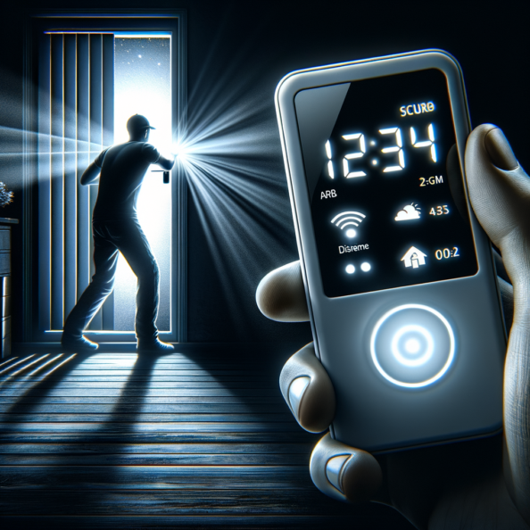 Mentre l’intruso tenta di forzare la finestra, mostra un sottile raggio di luce infrarossa che viene disturbato. In primo piano, un sensore di movimento nascosto nel buio cattura il cambiamento e invia un segnale al sistema di sicurezza. All’interno della casa, mostra il pannello di controllo digitale che si illumina improvvisamente, mentre un allarme discreto ma penetrante risuona nell’aria calma della notte.