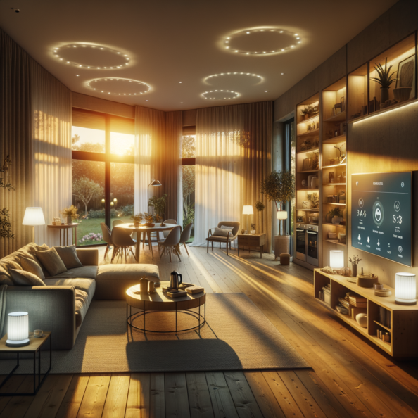 In una tranquilla casa di periferia, avvolta nell’atmosfera serena del pomeriggio, gli interni sono illuminati da una luce naturale che filtra attraverso le finestre. Non c’è nessuno in casa, ma il silenzio è interrotto solo dal leggero ronzio dei dispositivi elettronici.Nel soggiorno, la luce dell’ambiente si regola automaticamente, adattandosi alla luce naturale che varia con il trascorrere del giorno. Le tende si aprono e si chiudono delicatamente, seguendo un programma prestabilito per garantire la giusta quantità di luce e privacy in ogni momento.Nella cucina, un bollitore ad acqua si accende autonomamente, pronto a preparare una tazza di tè per il ritorno degli abitanti. Il frigorifero, dotato di sensori intelligenti, controlla costantemente la temperatura e la quantità di cibo al suo interno, avvisando di eventuali necessità di rifornimento o di problemi di conservazione.Nelle stanze da letto, i letti regolano automaticamente la loro temperatura e inclinazione per garantire un sonno confortevole. Le luci notturne si accendono dolcemente quando il sensore di movimento rileva un passaggio, illuminando il percorso senza disturbare il sonno.Nel bagno, il sistema di ventilazione si attiva autonomamente quando viene rilevata un’alta umidità, prevenendo la formazione di muffa e mantenendo l’ambiente fresco e asciutto.All’esterno, il sistema di irrigazione del giardino entra in azione, distribuendo l’acqua in modo uniforme e efficiente per mantenere il verde rigoglioso e vivace.Non c’è nessuno in casa, ma gli impianti di domotica lavorano instancabilmente per garantire il comfort, la sicurezza e l’efficienza energetica della dimora, creando un ambiente accogliente e funzionale che attende pazientemente il ritorno dei suoi abitanti.