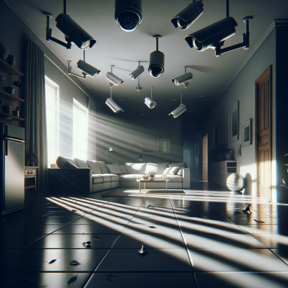 Nel silenzio di una casa deserta, l’unico rumore è il lieve ronzio dell’impianto di climatizzazione che riecheggia nei corridoi vuoti. L’atmosfera è tranquilla, ma gli occhi vigili delle telecamere di sorveglianza non conoscono riposo.Nella penombra delle stanze, le telecamere montate strategicamente scrutano ogni angolo con precisione chirurgica. Zoomano sui dettagli più piccoli, catturando ogni movimento, ogni variazione di luce, ogni segno di vita o di intrusione.Una telecamera montata sopra l’ingresso principale osserva silenziosamente mentre una foglia sospinta dal vento scivola sul marciapiede vuoto. Un’altra telecamera, posizionata nel soggiorno, inquadra il divano vuoto, la luce del sole che filtra dalle tende e crea motivi d’ombra sul pavimento immacolato.Nel frattempo, una terza telecamera panning, nascosta sotto un mobile, sorveglia la cucina, registrando ogni scatto del frigorifero che si apre e si chiude con il passaggio dell’aria condizionata.L’impianto di videosorveglianza funziona come un occhio onniveggente, senza emozioni né distrazioni. Non c’è bisogno di riposo o pausa, solo la continua vigilanza su ogni centimetro della casa.La casa, priva di persone, è avvolta nel suo silenzio solitario, ma gli occhi delle telecamere restano aperti, pronti a catturare qualsiasi evento che si verifichi, garantendo la sicurezza e la protezione anche quando gli abitanti sono lontani.