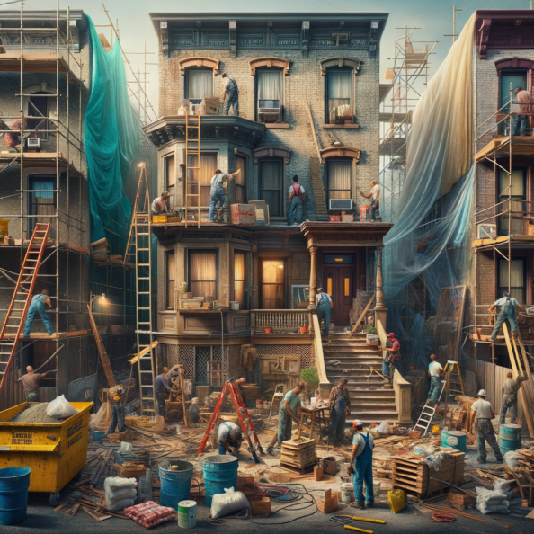 In una tranquilla strada di quartiere, una casa dalle vecchie pareti sbiadite si prepara a subire una trasformazione. Il cantiere di ristrutturazione è un’effervescente sinfonia di attività, con operai che lavorano con fervore per portare nuova vita all’edificio.All’esterno, impalcature avvolgono la casa come un abbraccio protettivo, mentre teloni di plastica proteggono le finestre e le porte dagli elementi. Il suono costante di martelli e trapani riempie l’aria, mescolandosi al vociare degli operai che si scambiano istruzioni e battute.Sul marciapiede, una serie di cassoni gialli e blu attendono di essere riempiti con detriti e materiali da smaltire. Alcuni operai si occupano di rimuovere vecchi elementi strutturali, facendo crollare muri interni per creare spazi più aperti e moderni.All’interno della casa, il suolo è coperto di trucioli di legno e sacchi di cemento, mentre l’odore pungente di vernice fresca si diffonde nell’aria. Elettricisti si arrampicano sulle scale per installare nuovi impianti elettrici, mentre idraulici lavorano sotto il lavandino della cucina per sostituire vecchie tubature con nuovi sistemi moderni.Nel soggiorno, operai abili rimuovono vecchi rivestimenti murali per scoprire le pareti di mattoni originarie, pronte ad essere restaurate e riportate al loro antico splendore. Lungo il corridoio, altri operai applicano stucco fresco e liscio, preparando le pareti per una nuova finitura.Nonostante il caos apparente, c’è un senso di eccitazione nell’aria, un’anticipazione per la trasformazione imminente. Ogni battito di martello e ogni pennellata di vernice porta l’edificio un passo più vicino alla sua nuova vita, pronta a accogliere i suoi abitanti con comfort e stile rinnovati.