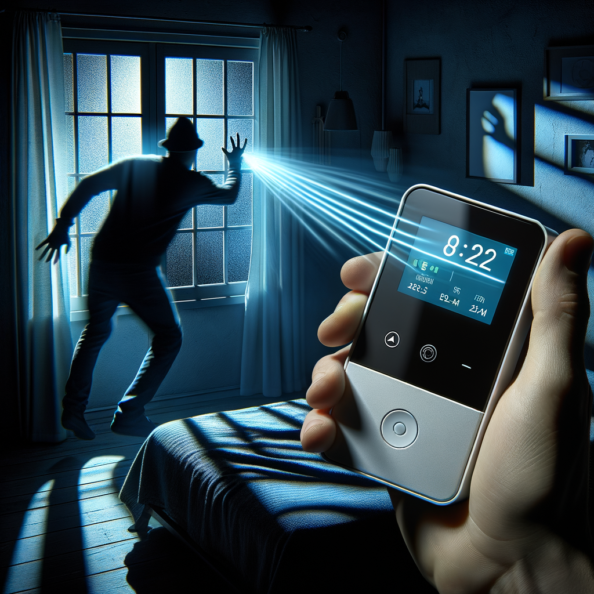 Mentre l’intruso tenta di forzare la finestra, mostra un sottile raggio di luce infrarossa che viene disturbato. In primo piano, un sensore di movimento nascosto nel buio cattura il cambiamento e invia un segnale al sistema di sicurezza. All’interno della casa, mostra il pannello di controllo digitale che si illumina improvvisamente, mentre un allarme discreto ma penetrante risuona nell’aria calma della notte.