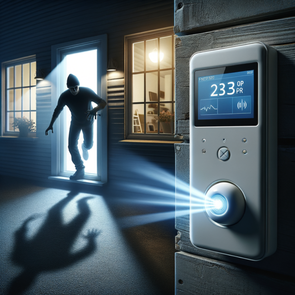 Mentre l’intruso tenta di forzare la finestra, mostra un sottile raggio di luce infrarossa che viene disturbato. In primo piano, un sensore di movimento nascosto nel buio cattura il cambiamento e invia un segnale al sistema di sicurezza. All’interno della casa, mostra il pannello di controllo digitale che si illumina improvvisamente, mentre un allarme discreto ma penetrante risuona nell’aria calma della notte.