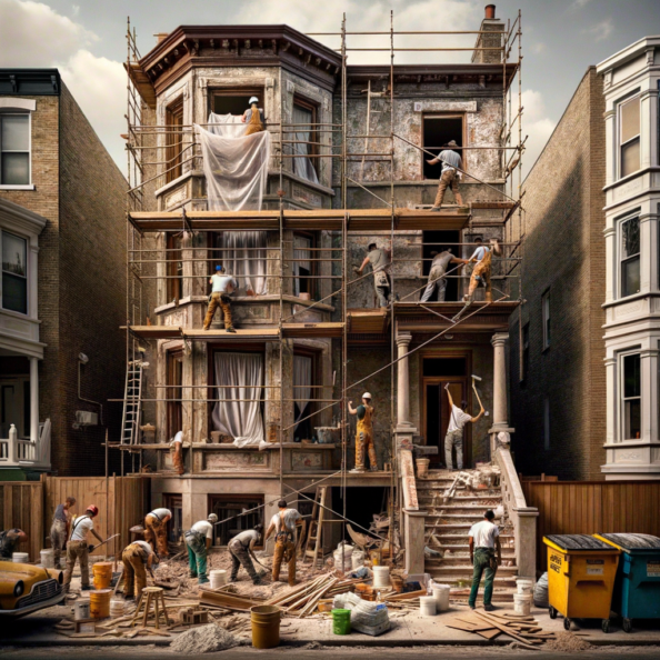 In una tranquilla strada di quartiere, una casa dalle vecchie pareti sbiadite si prepara a subire una trasformazione. Il cantiere di ristrutturazione è un’effervescente sinfonia di attività, con operai che lavorano con fervore per portare nuova vita all’edificio.All’esterno, impalcature avvolgono la casa come un abbraccio protettivo, mentre teloni di plastica proteggono le finestre e le porte dagli elementi. Il suono costante di martelli e trapani riempie l’aria, mescolandosi al vociare degli operai che si scambiano istruzioni e battute.Sul marciapiede, una serie di cassoni gialli e blu attendono di essere riempiti con detriti e materiali da smaltire. Alcuni operai si occupano di rimuovere vecchi elementi strutturali, facendo crollare muri interni per creare spazi più aperti e moderni.All’interno della casa, il suolo è coperto di trucioli di legno e sacchi di cemento, mentre l’odore pungente di vernice fresca si diffonde nell’aria. Elettricisti si arrampicano sulle scale per installare nuovi impianti elettrici, mentre idraulici lavorano sotto il lavandino della cucina per sostituire vecchie tubature con nuovi sistemi moderni.Nel soggiorno, operai abili rimuovono vecchi rivestimenti murali per scoprire le pareti di mattoni originarie, pronte ad essere restaurate e riportate al loro antico splendore. Lungo il corridoio, altri operai applicano stucco fresco e liscio, preparando le pareti per una nuova finitura.Nonostante il caos apparente, c’è un senso di eccitazione nell’aria, un’anticipazione per la trasformazione imminente. Ogni battito di martello e ogni pennellata di vernice porta l’edificio un passo più vicino alla sua nuova vita, pronta a accogliere i suoi abitanti con comfort e stile rinnovati.