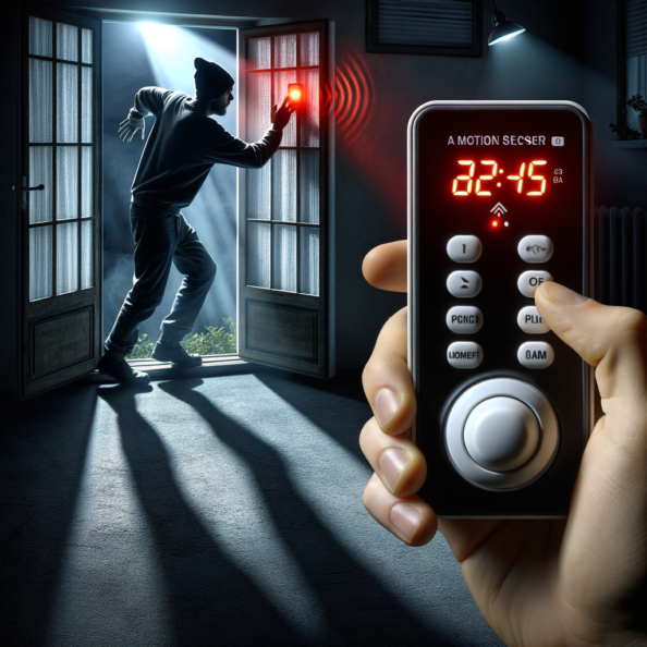 Mentre l’intruso tenta di forzare la finestra, mostra un sottile raggio di luce infrarossa che viene disturbato. In primo piano, un sensore di movimento nascosto nel buio cattura il cambiamento e invia un segnale al sistema di sicurezza. All’interno della casa, mostra il pannello di controllo digitale che si illumina improvvisamente, mentre un allarme discreto ma penetrante risuona nell’aria calma della notte.