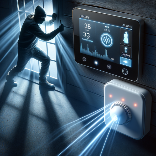 Mentre l’intruso tenta di forzare la finestra, mostra un sottile raggio di luce infrarossa che viene disturbato. In primo piano, un sensore di movimento nascosto nel buio cattura il cambiamento e invia un segnale al sistema di sicurezza. All’interno della casa, mostra il pannello di controllo digitale che si illumina improvvisamente, mentre un allarme discreto ma penetrante risuona nell’aria calma della notte.