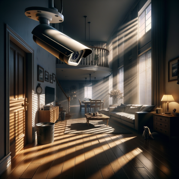 Nel silenzio di una casa deserta, l’unico rumore è il lieve ronzio dell’impianto di climatizzazione che riecheggia nei corridoi vuoti. L’atmosfera è tranquilla, ma gli occhi vigili delle telecamere di sorveglianza non conoscono riposo.Nella penombra delle stanze, le telecamere montate strategicamente scrutano ogni angolo con precisione chirurgica. Zoomano sui dettagli più piccoli, catturando ogni movimento, ogni variazione di luce, ogni segno di vita o di intrusione.Una telecamera montata sopra l’ingresso principale osserva silenziosamente mentre una foglia sospinta dal vento scivola sul marciapiede vuoto. Un’altra telecamera, posizionata nel soggiorno, inquadra il divano vuoto, la luce del sole che filtra dalle tende e crea motivi d’ombra sul pavimento immacolato.Nel frattempo, una terza telecamera panning, nascosta sotto un mobile, sorveglia la cucina, registrando ogni scatto del frigorifero che si apre e si chiude con il passaggio dell’aria condizionata.L’impianto di videosorveglianza funziona come un occhio onniveggente, senza emozioni né distrazioni. Non c’è bisogno di riposo o pausa, solo la continua vigilanza su ogni centimetro della casa.La casa, priva di persone, è avvolta nel suo silenzio solitario, ma gli occhi delle telecamere restano aperti, pronti a catturare qualsiasi evento che si verifichi, garantendo la sicurezza e la protezione anche quando gli abitanti sono lontani.