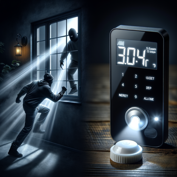 Mentre l’intruso tenta di forzare la finestra, mostra un sottile raggio di luce infrarossa che viene disturbato. In primo piano, un sensore di movimento nascosto nel buio cattura il cambiamento e invia un segnale al sistema di sicurezza. All’interno della casa, mostra il pannello di controllo digitale che si illumina improvvisamente, mentre un allarme discreto ma penetrante risuona nell’aria calma della notte.