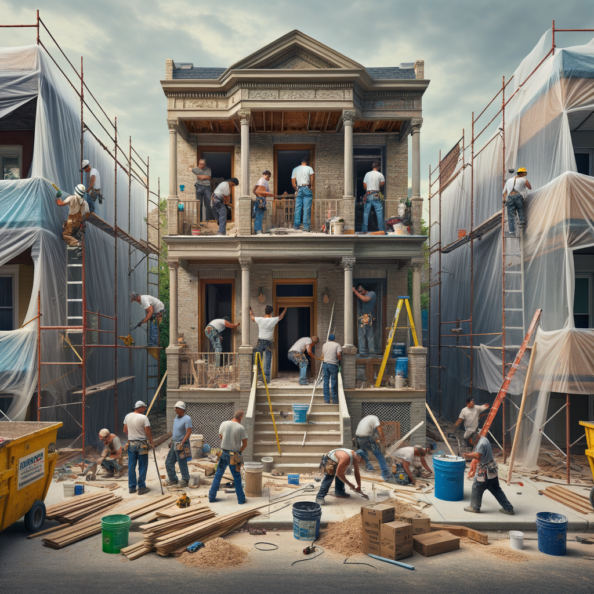 In una tranquilla strada di quartiere, una casa dalle vecchie pareti sbiadite si prepara a subire una trasformazione. Il cantiere di ristrutturazione è un’effervescente sinfonia di attività, con operai che lavorano con fervore per portare nuova vita all’edificio.All’esterno, impalcature avvolgono la casa come un abbraccio protettivo, mentre teloni di plastica proteggono le finestre e le porte dagli elementi. Il suono costante di martelli e trapani riempie l’aria, mescolandosi al vociare degli operai che si scambiano istruzioni e battute.Sul marciapiede, una serie di cassoni gialli e blu attendono di essere riempiti con detriti e materiali da smaltire. Alcuni operai si occupano di rimuovere vecchi elementi strutturali, facendo crollare muri interni per creare spazi più aperti e moderni.All’interno della casa, il suolo è coperto di trucioli di legno e sacchi di cemento, mentre l’odore pungente di vernice fresca si diffonde nell’aria. Elettricisti si arrampicano sulle scale per installare nuovi impianti elettrici, mentre idraulici lavorano sotto il lavandino della cucina per sostituire vecchie tubature con nuovi sistemi moderni.Nel soggiorno, operai abili rimuovono vecchi rivestimenti murali per scoprire le pareti di mattoni originarie, pronte ad essere restaurate e riportate al loro antico splendore. Lungo il corridoio, altri operai applicano stucco fresco e liscio, preparando le pareti per una nuova finitura.Nonostante il caos apparente, c’è un senso di eccitazione nell’aria, un’anticipazione per la trasformazione imminente. Ogni battito di martello e ogni pennellata di vernice porta l’edificio un passo più vicino alla sua nuova vita, pronta a accogliere i suoi abitanti con comfort e stile rinnovati.