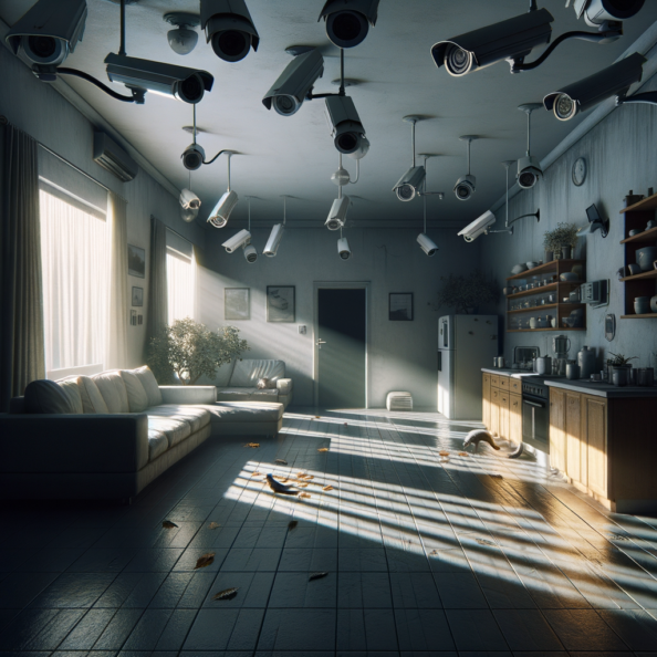 Nel silenzio di una casa deserta, l’unico rumore è il lieve ronzio dell’impianto di climatizzazione che riecheggia nei corridoi vuoti. L’atmosfera è tranquilla, ma gli occhi vigili delle telecamere di sorveglianza non conoscono riposo.Nella penombra delle stanze, le telecamere montate strategicamente scrutano ogni angolo con precisione chirurgica. Zoomano sui dettagli più piccoli, catturando ogni movimento, ogni variazione di luce, ogni segno di vita o di intrusione.Una telecamera montata sopra l’ingresso principale osserva silenziosamente mentre una foglia sospinta dal vento scivola sul marciapiede vuoto. Un’altra telecamera, posizionata nel soggiorno, inquadra il divano vuoto, la luce del sole che filtra dalle tende e crea motivi d’ombra sul pavimento immacolato.Nel frattempo, una terza telecamera panning, nascosta sotto un mobile, sorveglia la cucina, registrando ogni scatto del frigorifero che si apre e si chiude con il passaggio dell’aria condizionata.L’impianto di videosorveglianza funziona come un occhio onniveggente, senza emozioni né distrazioni. Non c’è bisogno di riposo o pausa, solo la continua vigilanza su ogni centimetro della casa.La casa, priva di persone, è avvolta nel suo silenzio solitario, ma gli occhi delle telecamere restano aperti, pronti a catturare qualsiasi evento che si verifichi, garantendo la sicurezza e la protezione anche quando gli abitanti sono lontani.