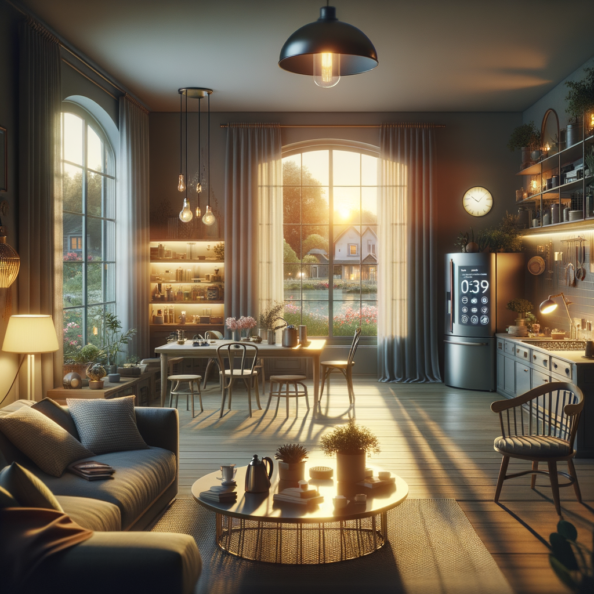 In una tranquilla casa di periferia, avvolta nell’atmosfera serena del pomeriggio, gli interni sono illuminati da una luce naturale che filtra attraverso le finestre. Non c’è nessuno in casa, ma il silenzio è interrotto solo dal leggero ronzio dei dispositivi elettronici.Nel soggiorno, la luce dell’ambiente si regola automaticamente, adattandosi alla luce naturale che varia con il trascorrere del giorno. Le tende si aprono e si chiudono delicatamente, seguendo un programma prestabilito per garantire la giusta quantità di luce e privacy in ogni momento.Nella cucina, un bollitore ad acqua si accende autonomamente, pronto a preparare una tazza di tè per il ritorno degli abitanti. Il frigorifero, dotato di sensori intelligenti, controlla costantemente la temperatura e la quantità di cibo al suo interno, avvisando di eventuali necessità di rifornimento o di problemi di conservazione.Nelle stanze da letto, i letti regolano automaticamente la loro temperatura e inclinazione per garantire un sonno confortevole. Le luci notturne si accendono dolcemente quando il sensore di movimento rileva un passaggio, illuminando il percorso senza disturbare il sonno.Nel bagno, il sistema di ventilazione si attiva autonomamente quando viene rilevata un’alta umidità, prevenendo la formazione di muffa e mantenendo l’ambiente fresco e asciutto.All’esterno, il sistema di irrigazione del giardino entra in azione, distribuendo l’acqua in modo uniforme e efficiente per mantenere il verde rigoglioso e vivace.Non c’è nessuno in casa, ma gli impianti di domotica lavorano instancabilmente per garantire il comfort, la sicurezza e l’efficienza energetica della dimora, creando un ambiente accogliente e funzionale che attende pazientemente il ritorno dei suoi abitanti.