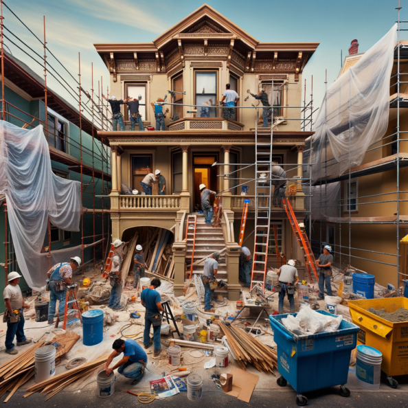 In una tranquilla strada di quartiere, una casa dalle vecchie pareti sbiadite si prepara a subire una trasformazione. Il cantiere di ristrutturazione è un’effervescente sinfonia di attività, con operai che lavorano con fervore per portare nuova vita all’edificio.All’esterno, impalcature avvolgono la casa come un abbraccio protettivo, mentre teloni di plastica proteggono le finestre e le porte dagli elementi. Il suono costante di martelli e trapani riempie l’aria, mescolandosi al vociare degli operai che si scambiano istruzioni e battute.Sul marciapiede, una serie di cassoni gialli e blu attendono di essere riempiti con detriti e materiali da smaltire. Alcuni operai si occupano di rimuovere vecchi elementi strutturali, facendo crollare muri interni per creare spazi più aperti e moderni.All’interno della casa, il suolo è coperto di trucioli di legno e sacchi di cemento, mentre l’odore pungente di vernice fresca si diffonde nell’aria. Elettricisti si arrampicano sulle scale per installare nuovi impianti elettrici, mentre idraulici lavorano sotto il lavandino della cucina per sostituire vecchie tubature con nuovi sistemi moderni.Nel soggiorno, operai abili rimuovono vecchi rivestimenti murali per scoprire le pareti di mattoni originarie, pronte ad essere restaurate e riportate al loro antico splendore. Lungo il corridoio, altri operai applicano stucco fresco e liscio, preparando le pareti per una nuova finitura.Nonostante il caos apparente, c’è un senso di eccitazione nell’aria, un’anticipazione per la trasformazione imminente. Ogni battito di martello e ogni pennellata di vernice porta l’edificio un passo più vicino alla sua nuova vita, pronta a accogliere i suoi abitanti con comfort e stile rinnovati.