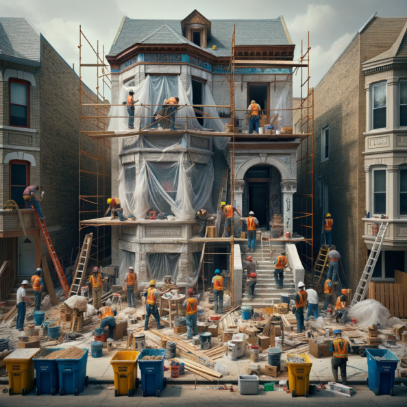 In una tranquilla strada di quartiere, una casa dalle vecchie pareti sbiadite si prepara a subire una trasformazione. Il cantiere di ristrutturazione è un’effervescente sinfonia di attività, con operai che lavorano con fervore per portare nuova vita all’edificio.All’esterno, impalcature avvolgono la casa come un abbraccio protettivo, mentre teloni di plastica proteggono le finestre e le porte dagli elementi. Il suono costante di martelli e trapani riempie l’aria, mescolandosi al vociare degli operai che si scambiano istruzioni e battute.Sul marciapiede, una serie di cassoni gialli e blu attendono di essere riempiti con detriti e materiali da smaltire. Alcuni operai si occupano di rimuovere vecchi elementi strutturali, facendo crollare muri interni per creare spazi più aperti e moderni.All’interno della casa, il suolo è coperto di trucioli di legno e sacchi di cemento, mentre l’odore pungente di vernice fresca si diffonde nell’aria. Elettricisti si arrampicano sulle scale per installare nuovi impianti elettrici, mentre idraulici lavorano sotto il lavandino della cucina per sostituire vecchie tubature con nuovi sistemi moderni.Nel soggiorno, operai abili rimuovono vecchi rivestimenti murali per scoprire le pareti di mattoni originarie, pronte ad essere restaurate e riportate al loro antico splendore. Lungo il corridoio, altri operai applicano stucco fresco e liscio, preparando le pareti per una nuova finitura.Nonostante il caos apparente, c’è un senso di eccitazione nell’aria, un’anticipazione per la trasformazione imminente. Ogni battito di martello e ogni pennellata di vernice porta l’edificio un passo più vicino alla sua nuova vita, pronta a accogliere i suoi abitanti con comfort e stile rinnovati.