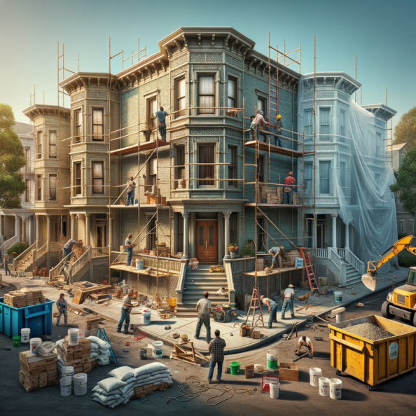 In una tranquilla strada di quartiere, una casa dalle vecchie pareti sbiadite si prepara a subire una trasformazione. Il cantiere di ristrutturazione è un’effervescente sinfonia di attività, con operai che lavorano con fervore per portare nuova vita all’edificio.All’esterno, impalcature avvolgono la casa come un abbraccio protettivo, mentre teloni di plastica proteggono le finestre e le porte dagli elementi. Il suono costante di martelli e trapani riempie l’aria, mescolandosi al vociare degli operai che si scambiano istruzioni e battute.Sul marciapiede, una serie di cassoni gialli e blu attendono di essere riempiti con detriti e materiali da smaltire. Alcuni operai si occupano di rimuovere vecchi elementi strutturali, facendo crollare muri interni per creare spazi più aperti e moderni.All’interno della casa, il suolo è coperto di trucioli di legno e sacchi di cemento, mentre l’odore pungente di vernice fresca si diffonde nell’aria. Elettricisti si arrampicano sulle scale per installare nuovi impianti elettrici, mentre idraulici lavorano sotto il lavandino della cucina per sostituire vecchie tubature con nuovi sistemi moderni.Nel soggiorno, operai abili rimuovono vecchi rivestimenti murali per scoprire le pareti di mattoni originarie, pronte ad essere restaurate e riportate al loro antico splendore. Lungo il corridoio, altri operai applicano stucco fresco e liscio, preparando le pareti per una nuova finitura.Nonostante il caos apparente, c’è un senso di eccitazione nell’aria, un’anticipazione per la trasformazione imminente. Ogni battito di martello e ogni pennellata di vernice porta l’edificio un passo più vicino alla sua nuova vita, pronta a accogliere i suoi abitanti con comfort e stile rinnovati.