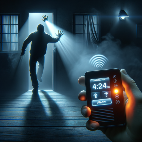 Mentre l’intruso tenta di forzare la finestra, mostra un sottile raggio di luce infrarossa che viene disturbato. In primo piano, un sensore di movimento nascosto nel buio cattura il cambiamento e invia un segnale al sistema di sicurezza. All’interno della casa, mostra il pannello di controllo digitale che si illumina improvvisamente, mentre un allarme discreto ma penetrante risuona nell’aria calma della notte.