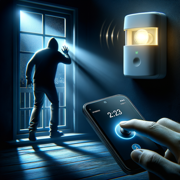 Mentre l’intruso tenta di forzare la finestra, mostra un sottile raggio di luce infrarossa che viene disturbato. In primo piano, un sensore di movimento nascosto nel buio cattura il cambiamento e invia un segnale al sistema di sicurezza. All’interno della casa, mostra il pannello di controllo digitale che si illumina improvvisamente, mentre un allarme discreto ma penetrante risuona nell’aria calma della notte.