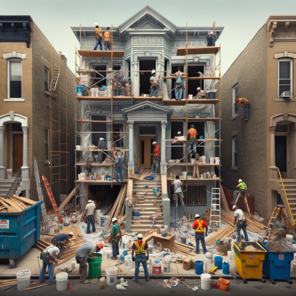 In una tranquilla strada di quartiere, una casa dalle vecchie pareti sbiadite si prepara a subire una trasformazione. Il cantiere di ristrutturazione è un’effervescente sinfonia di attività, con operai che lavorano con fervore per portare nuova vita all’edificio.All’esterno, impalcature avvolgono la casa come un abbraccio protettivo, mentre teloni di plastica proteggono le finestre e le porte dagli elementi. Il suono costante di martelli e trapani riempie l’aria, mescolandosi al vociare degli operai che si scambiano istruzioni e battute.Sul marciapiede, una serie di cassoni gialli e blu attendono di essere riempiti con detriti e materiali da smaltire. Alcuni operai si occupano di rimuovere vecchi elementi strutturali, facendo crollare muri interni per creare spazi più aperti e moderni.All’interno della casa, il suolo è coperto di trucioli di legno e sacchi di cemento, mentre l’odore pungente di vernice fresca si diffonde nell’aria. Elettricisti si arrampicano sulle scale per installare nuovi impianti elettrici, mentre idraulici lavorano sotto il lavandino della cucina per sostituire vecchie tubature con nuovi sistemi moderni.Nel soggiorno, operai abili rimuovono vecchi rivestimenti murali per scoprire le pareti di mattoni originarie, pronte ad essere restaurate e riportate al loro antico splendore. Lungo il corridoio, altri operai applicano stucco fresco e liscio, preparando le pareti per una nuova finitura.Nonostante il caos apparente, c’è un senso di eccitazione nell’aria, un’anticipazione per la trasformazione imminente. Ogni battito di martello e ogni pennellata di vernice porta l’edificio un passo più vicino alla sua nuova vita, pronta a accogliere i suoi abitanti con comfort e stile rinnovati.