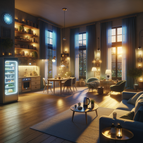 In una tranquilla casa di periferia, avvolta nell’atmosfera serena del pomeriggio, gli interni sono illuminati da una luce naturale che filtra attraverso le finestre. Non c’è nessuno in casa, ma il silenzio è interrotto solo dal leggero ronzio dei dispositivi elettronici.Nel soggiorno, la luce dell’ambiente si regola automaticamente, adattandosi alla luce naturale che varia con il trascorrere del giorno. Le tende si aprono e si chiudono delicatamente, seguendo un programma prestabilito per garantire la giusta quantità di luce e privacy in ogni momento.Nella cucina, un bollitore ad acqua si accende autonomamente, pronto a preparare una tazza di tè per il ritorno degli abitanti. Il frigorifero, dotato di sensori intelligenti, controlla costantemente la temperatura e la quantità di cibo al suo interno, avvisando di eventuali necessità di rifornimento o di problemi di conservazione.Nelle stanze da letto, i letti regolano automaticamente la loro temperatura e inclinazione per garantire un sonno confortevole. Le luci notturne si accendono dolcemente quando il sensore di movimento rileva un passaggio, illuminando il percorso senza disturbare il sonno.Nel bagno, il sistema di ventilazione si attiva autonomamente quando viene rilevata un’alta umidità, prevenendo la formazione di muffa e mantenendo l’ambiente fresco e asciutto.All’esterno, il sistema di irrigazione del giardino entra in azione, distribuendo l’acqua in modo uniforme e efficiente per mantenere il verde rigoglioso e vivace.Non c’è nessuno in casa, ma gli impianti di domotica lavorano instancabilmente per garantire il comfort, la sicurezza e l’efficienza energetica della dimora, creando un ambiente accogliente e funzionale che attende pazientemente il ritorno dei suoi abitanti.