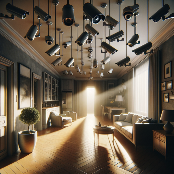 Nel silenzio di una casa deserta, l’unico rumore è il lieve ronzio dell’impianto di climatizzazione che riecheggia nei corridoi vuoti. L’atmosfera è tranquilla, ma gli occhi vigili delle telecamere di sorveglianza non conoscono riposo.Nella penombra delle stanze, le telecamere montate strategicamente scrutano ogni angolo con precisione chirurgica. Zoomano sui dettagli più piccoli, catturando ogni movimento, ogni variazione di luce, ogni segno di vita o di intrusione.Una telecamera montata sopra l’ingresso principale osserva silenziosamente mentre una foglia sospinta dal vento scivola sul marciapiede vuoto. Un’altra telecamera, posizionata nel soggiorno, inquadra il divano vuoto, la luce del sole che filtra dalle tende e crea motivi d’ombra sul pavimento immacolato.Nel frattempo, una terza telecamera panning, nascosta sotto un mobile, sorveglia la cucina, registrando ogni scatto del frigorifero che si apre e si chiude con il passaggio dell’aria condizionata.L’impianto di videosorveglianza funziona come un occhio onniveggente, senza emozioni né distrazioni. Non c’è bisogno di riposo o pausa, solo la continua vigilanza su ogni centimetro della casa.La casa, priva di persone, è avvolta nel suo silenzio solitario, ma gli occhi delle telecamere restano aperti, pronti a catturare qualsiasi evento che si verifichi, garantendo la sicurezza e la protezione anche quando gli abitanti sono lontani.