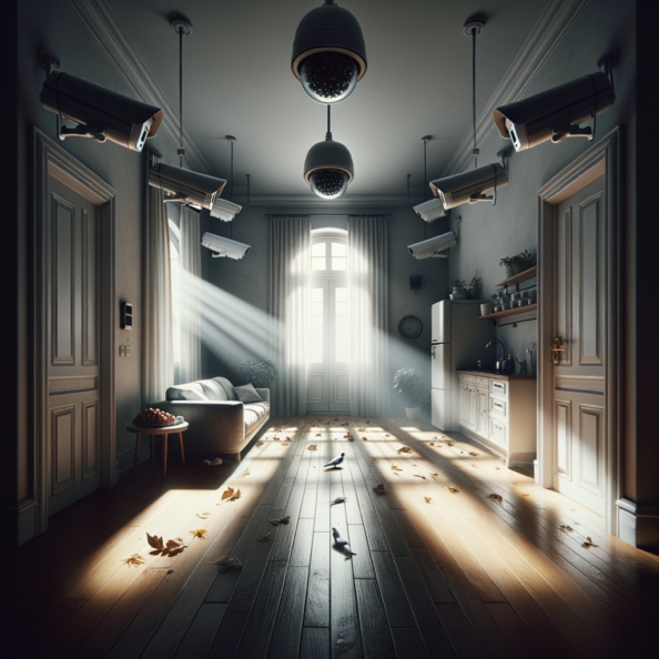 Nel silenzio di una casa deserta, l’unico rumore è il lieve ronzio dell’impianto di climatizzazione che riecheggia nei corridoi vuoti. L’atmosfera è tranquilla, ma gli occhi vigili delle telecamere di sorveglianza non conoscono riposo.Nella penombra delle stanze, le telecamere montate strategicamente scrutano ogni angolo con precisione chirurgica. Zoomano sui dettagli più piccoli, catturando ogni movimento, ogni variazione di luce, ogni segno di vita o di intrusione.Una telecamera montata sopra l’ingresso principale osserva silenziosamente mentre una foglia sospinta dal vento scivola sul marciapiede vuoto. Un’altra telecamera, posizionata nel soggiorno, inquadra il divano vuoto, la luce del sole che filtra dalle tende e crea motivi d’ombra sul pavimento immacolato.Nel frattempo, una terza telecamera panning, nascosta sotto un mobile, sorveglia la cucina, registrando ogni scatto del frigorifero che si apre e si chiude con il passaggio dell’aria condizionata.L’impianto di videosorveglianza funziona come un occhio onniveggente, senza emozioni né distrazioni. Non c’è bisogno di riposo o pausa, solo la continua vigilanza su ogni centimetro della casa.La casa, priva di persone, è avvolta nel suo silenzio solitario, ma gli occhi delle telecamere restano aperti, pronti a catturare qualsiasi evento che si verifichi, garantendo la sicurezza e la protezione anche quando gli abitanti sono lontani.