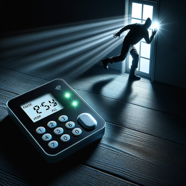 Mentre l’intruso tenta di forzare la finestra, mostra un sottile raggio di luce infrarossa che viene disturbato. In primo piano, un sensore di movimento nascosto nel buio cattura il cambiamento e invia un segnale al sistema di sicurezza. All’interno della casa, mostra il pannello di controllo digitale che si illumina improvvisamente, mentre un allarme discreto ma penetrante risuona nell’aria calma della notte.