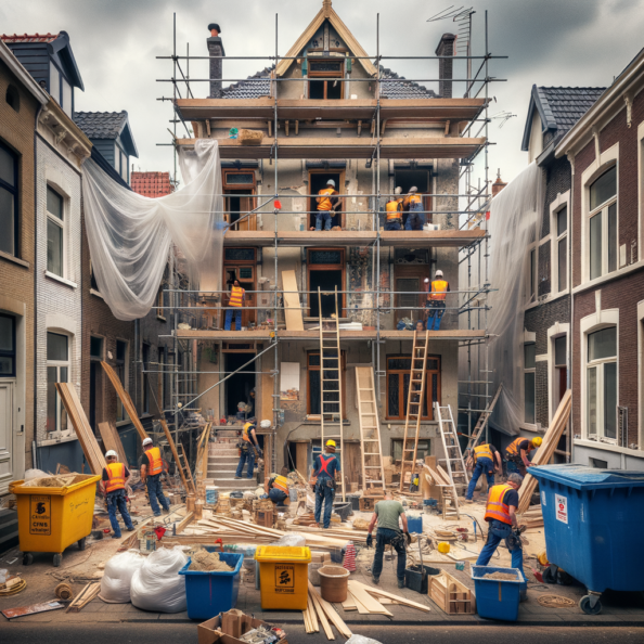 In una tranquilla strada di quartiere, una casa dalle vecchie pareti sbiadite si prepara a subire una trasformazione. Il cantiere di ristrutturazione è un’effervescente sinfonia di attività, con operai che lavorano con fervore per portare nuova vita all’edificio.All’esterno, impalcature avvolgono la casa come un abbraccio protettivo, mentre teloni di plastica proteggono le finestre e le porte dagli elementi. Il suono costante di martelli e trapani riempie l’aria, mescolandosi al vociare degli operai che si scambiano istruzioni e battute.Sul marciapiede, una serie di cassoni gialli e blu attendono di essere riempiti con detriti e materiali da smaltire. Alcuni operai si occupano di rimuovere vecchi elementi strutturali, facendo crollare muri interni per creare spazi più aperti e moderni.All’interno della casa, il suolo è coperto di trucioli di legno e sacchi di cemento, mentre l’odore pungente di vernice fresca si diffonde nell’aria. Elettricisti si arrampicano sulle scale per installare nuovi impianti elettrici, mentre idraulici lavorano sotto il lavandino della cucina per sostituire vecchie tubature con nuovi sistemi moderni.Nel soggiorno, operai abili rimuovono vecchi rivestimenti murali per scoprire le pareti di mattoni originarie, pronte ad essere restaurate e riportate al loro antico splendore. Lungo il corridoio, altri operai applicano stucco fresco e liscio, preparando le pareti per una nuova finitura.Nonostante il caos apparente, c’è un senso di eccitazione nell’aria, un’anticipazione per la trasformazione imminente. Ogni battito di martello e ogni pennellata di vernice porta l’edificio un passo più vicino alla sua nuova vita, pronta a accogliere i suoi abitanti con comfort e stile rinnovati.