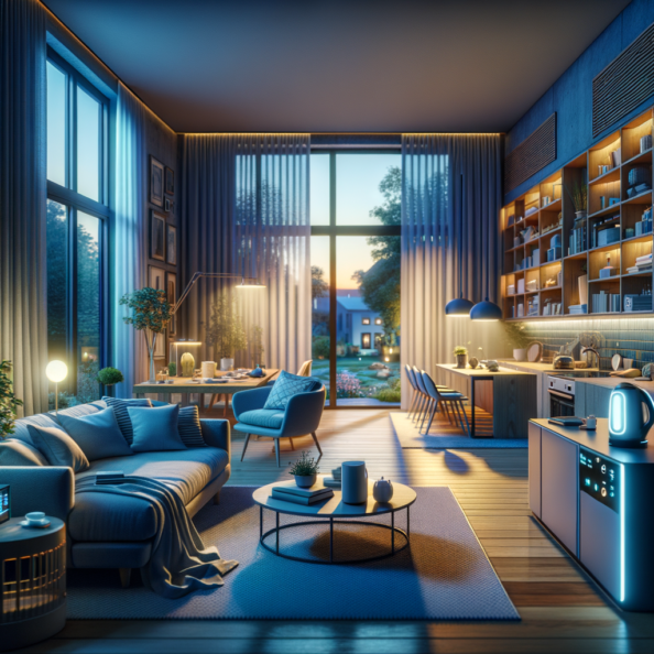 In una tranquilla casa di periferia, avvolta nell’atmosfera serena del pomeriggio, gli interni sono illuminati da una luce naturale che filtra attraverso le finestre. Non c’è nessuno in casa, ma il silenzio è interrotto solo dal leggero ronzio dei dispositivi elettronici.Nel soggiorno, la luce dell’ambiente si regola automaticamente, adattandosi alla luce naturale che varia con il trascorrere del giorno. Le tende si aprono e si chiudono delicatamente, seguendo un programma prestabilito per garantire la giusta quantità di luce e privacy in ogni momento.Nella cucina, un bollitore ad acqua si accende autonomamente, pronto a preparare una tazza di tè per il ritorno degli abitanti. Il frigorifero, dotato di sensori intelligenti, controlla costantemente la temperatura e la quantità di cibo al suo interno, avvisando di eventuali necessità di rifornimento o di problemi di conservazione.Nelle stanze da letto, i letti regolano automaticamente la loro temperatura e inclinazione per garantire un sonno confortevole. Le luci notturne si accendono dolcemente quando il sensore di movimento rileva un passaggio, illuminando il percorso senza disturbare il sonno.Nel bagno, il sistema di ventilazione si attiva autonomamente quando viene rilevata un’alta umidità, prevenendo la formazione di muffa e mantenendo l’ambiente fresco e asciutto.All’esterno, il sistema di irrigazione del giardino entra in azione, distribuendo l’acqua in modo uniforme e efficiente per mantenere il verde rigoglioso e vivace.Non c’è nessuno in casa, ma gli impianti di domotica lavorano instancabilmente per garantire il comfort, la sicurezza e l’efficienza energetica della dimora, creando un ambiente accogliente e funzionale che attende pazientemente il ritorno dei suoi abitanti.