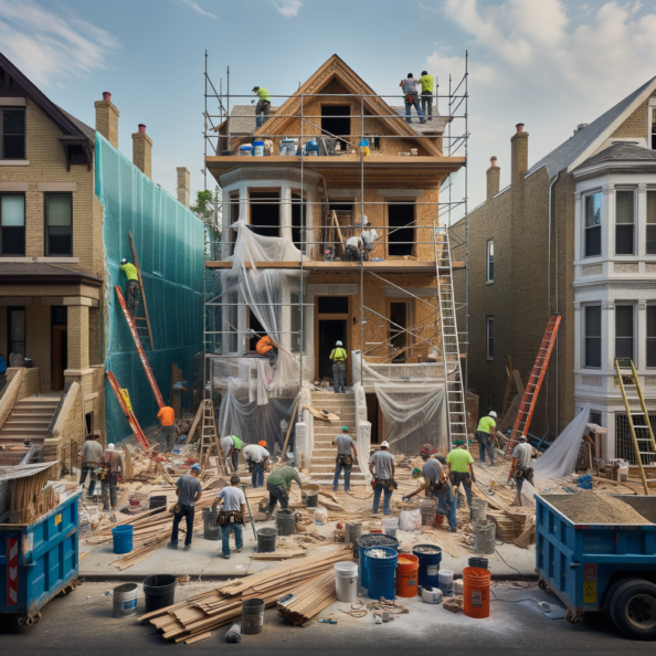 In una tranquilla strada di quartiere, una casa dalle vecchie pareti sbiadite si prepara a subire una trasformazione. Il cantiere di ristrutturazione è un’effervescente sinfonia di attività, con operai che lavorano con fervore per portare nuova vita all’edificio.All’esterno, impalcature avvolgono la casa come un abbraccio protettivo, mentre teloni di plastica proteggono le finestre e le porte dagli elementi. Il suono costante di martelli e trapani riempie l’aria, mescolandosi al vociare degli operai che si scambiano istruzioni e battute.Sul marciapiede, una serie di cassoni gialli e blu attendono di essere riempiti con detriti e materiali da smaltire. Alcuni operai si occupano di rimuovere vecchi elementi strutturali, facendo crollare muri interni per creare spazi più aperti e moderni.All’interno della casa, il suolo è coperto di trucioli di legno e sacchi di cemento, mentre l’odore pungente di vernice fresca si diffonde nell’aria. Elettricisti si arrampicano sulle scale per installare nuovi impianti elettrici, mentre idraulici lavorano sotto il lavandino della cucina per sostituire vecchie tubature con nuovi sistemi moderni.Nel soggiorno, operai abili rimuovono vecchi rivestimenti murali per scoprire le pareti di mattoni originarie, pronte ad essere restaurate e riportate al loro antico splendore. Lungo il corridoio, altri operai applicano stucco fresco e liscio, preparando le pareti per una nuova finitura.Nonostante il caos apparente, c’è un senso di eccitazione nell’aria, un’anticipazione per la trasformazione imminente. Ogni battito di martello e ogni pennellata di vernice porta l’edificio un passo più vicino alla sua nuova vita, pronta a accogliere i suoi abitanti con comfort e stile rinnovati.