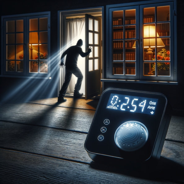 Mentre l’intruso tenta di forzare la finestra, mostra un sottile raggio di luce infrarossa che viene disturbato. In primo piano, un sensore di movimento nascosto nel buio cattura il cambiamento e invia un segnale al sistema di sicurezza. All’interno della casa, mostra il pannello di controllo digitale che si illumina improvvisamente, mentre un allarme discreto ma penetrante risuona nell’aria calma della notte.