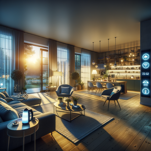 In una tranquilla casa di periferia, avvolta nell’atmosfera serena del pomeriggio, gli interni sono illuminati da una luce naturale che filtra attraverso le finestre. Non c’è nessuno in casa, ma il silenzio è interrotto solo dal leggero ronzio dei dispositivi elettronici.Nel soggiorno, la luce dell’ambiente si regola automaticamente, adattandosi alla luce naturale che varia con il trascorrere del giorno. Le tende si aprono e si chiudono delicatamente, seguendo un programma prestabilito per garantire la giusta quantità di luce e privacy in ogni momento.Nella cucina, un bollitore ad acqua si accende autonomamente, pronto a preparare una tazza di tè per il ritorno degli abitanti. Il frigorifero, dotato di sensori intelligenti, controlla costantemente la temperatura e la quantità di cibo al suo interno, avvisando di eventuali necessità di rifornimento o di problemi di conservazione.Nelle stanze da letto, i letti regolano automaticamente la loro temperatura e inclinazione per garantire un sonno confortevole. Le luci notturne si accendono dolcemente quando il sensore di movimento rileva un passaggio, illuminando il percorso senza disturbare il sonno.Nel bagno, il sistema di ventilazione si attiva autonomamente quando viene rilevata un’alta umidità, prevenendo la formazione di muffa e mantenendo l’ambiente fresco e asciutto.All’esterno, il sistema di irrigazione del giardino entra in azione, distribuendo l’acqua in modo uniforme e efficiente per mantenere il verde rigoglioso e vivace.Non c’è nessuno in casa, ma gli impianti di domotica lavorano instancabilmente per garantire il comfort, la sicurezza e l’efficienza energetica della dimora, creando un ambiente accogliente e funzionale che attende pazientemente il ritorno dei suoi abitanti.