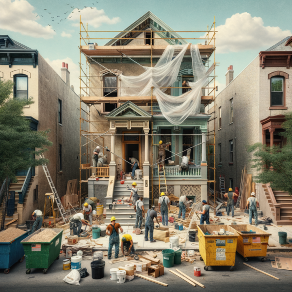 In una tranquilla strada di quartiere, una casa dalle vecchie pareti sbiadite si prepara a subire una trasformazione. Il cantiere di ristrutturazione è un’effervescente sinfonia di attività, con operai che lavorano con fervore per portare nuova vita all’edificio.All’esterno, impalcature avvolgono la casa come un abbraccio protettivo, mentre teloni di plastica proteggono le finestre e le porte dagli elementi. Il suono costante di martelli e trapani riempie l’aria, mescolandosi al vociare degli operai che si scambiano istruzioni e battute.Sul marciapiede, una serie di cassoni gialli e blu attendono di essere riempiti con detriti e materiali da smaltire. Alcuni operai si occupano di rimuovere vecchi elementi strutturali, facendo crollare muri interni per creare spazi più aperti e moderni.All’interno della casa, il suolo è coperto di trucioli di legno e sacchi di cemento, mentre l’odore pungente di vernice fresca si diffonde nell’aria. Elettricisti si arrampicano sulle scale per installare nuovi impianti elettrici, mentre idraulici lavorano sotto il lavandino della cucina per sostituire vecchie tubature con nuovi sistemi moderni.Nel soggiorno, operai abili rimuovono vecchi rivestimenti murali per scoprire le pareti di mattoni originarie, pronte ad essere restaurate e riportate al loro antico splendore. Lungo il corridoio, altri operai applicano stucco fresco e liscio, preparando le pareti per una nuova finitura.Nonostante il caos apparente, c’è un senso di eccitazione nell’aria, un’anticipazione per la trasformazione imminente. Ogni battito di martello e ogni pennellata di vernice porta l’edificio un passo più vicino alla sua nuova vita, pronta a accogliere i suoi abitanti con comfort e stile rinnovati.