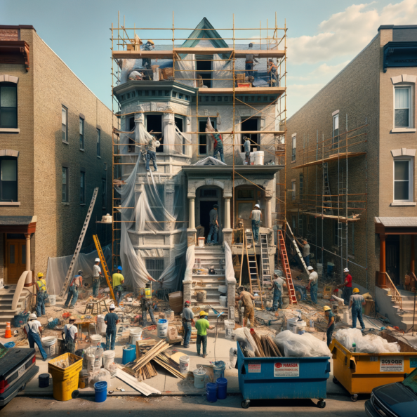 In una tranquilla strada di quartiere, una casa dalle vecchie pareti sbiadite si prepara a subire una trasformazione. Il cantiere di ristrutturazione è un’effervescente sinfonia di attività, con operai che lavorano con fervore per portare nuova vita all’edificio.All’esterno, impalcature avvolgono la casa come un abbraccio protettivo, mentre teloni di plastica proteggono le finestre e le porte dagli elementi. Il suono costante di martelli e trapani riempie l’aria, mescolandosi al vociare degli operai che si scambiano istruzioni e battute.Sul marciapiede, una serie di cassoni gialli e blu attendono di essere riempiti con detriti e materiali da smaltire. Alcuni operai si occupano di rimuovere vecchi elementi strutturali, facendo crollare muri interni per creare spazi più aperti e moderni.All’interno della casa, il suolo è coperto di trucioli di legno e sacchi di cemento, mentre l’odore pungente di vernice fresca si diffonde nell’aria. Elettricisti si arrampicano sulle scale per installare nuovi impianti elettrici, mentre idraulici lavorano sotto il lavandino della cucina per sostituire vecchie tubature con nuovi sistemi moderni.Nel soggiorno, operai abili rimuovono vecchi rivestimenti murali per scoprire le pareti di mattoni originarie, pronte ad essere restaurate e riportate al loro antico splendore. Lungo il corridoio, altri operai applicano stucco fresco e liscio, preparando le pareti per una nuova finitura.Nonostante il caos apparente, c’è un senso di eccitazione nell’aria, un’anticipazione per la trasformazione imminente. Ogni battito di martello e ogni pennellata di vernice porta l’edificio un passo più vicino alla sua nuova vita, pronta a accogliere i suoi abitanti con comfort e stile rinnovati.