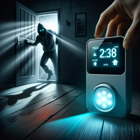 Mentre l’intruso tenta di forzare la finestra, mostra un sottile raggio di luce infrarossa che viene disturbato. In primo piano, un sensore di movimento nascosto nel buio cattura il cambiamento e invia un segnale al sistema di sicurezza. All’interno della casa, mostra il pannello di controllo digitale che si illumina improvvisamente, mentre un allarme discreto ma penetrante risuona nell’aria calma della notte.