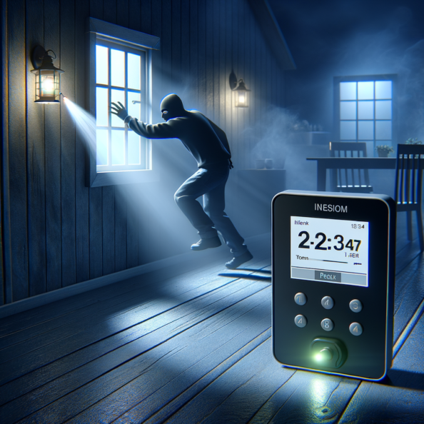 Mentre l’intruso tenta di forzare la finestra, mostra un sottile raggio di luce infrarossa che viene disturbato. In primo piano, un sensore di movimento nascosto nel buio cattura il cambiamento e invia un segnale al sistema di sicurezza. All’interno della casa, mostra il pannello di controllo digitale che si illumina improvvisamente, mentre un allarme discreto ma penetrante risuona nell’aria calma della notte.