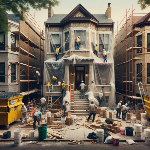 In una tranquilla strada di quartiere, una casa dalle vecchie pareti sbiadite si prepara a subire una trasformazione. Il cantiere di ristrutturazione è un’effervescente sinfonia di attività, con operai che lavorano con fervore per portare nuova vita all’edificio.All’esterno, impalcature avvolgono la casa come un abbraccio protettivo, mentre teloni di plastica proteggono le finestre e le porte dagli elementi. Il suono costante di martelli e trapani riempie l’aria, mescolandosi al vociare degli operai che si scambiano istruzioni e battute.Sul marciapiede, una serie di cassoni gialli e blu attendono di essere riempiti con detriti e materiali da smaltire. Alcuni operai si occupano di rimuovere vecchi elementi strutturali, facendo crollare muri interni per creare spazi più aperti e moderni.All’interno della casa, il suolo è coperto di trucioli di legno e sacchi di cemento, mentre l’odore pungente di vernice fresca si diffonde nell’aria. Elettricisti si arrampicano sulle scale per installare nuovi impianti elettrici, mentre idraulici lavorano sotto il lavandino della cucina per sostituire vecchie tubature con nuovi sistemi moderni.Nel soggiorno, operai abili rimuovono vecchi rivestimenti murali per scoprire le pareti di mattoni originarie, pronte ad essere restaurate e riportate al loro antico splendore. Lungo il corridoio, altri operai applicano stucco fresco e liscio, preparando le pareti per una nuova finitura.Nonostante il caos apparente, c’è un senso di eccitazione nell’aria, un’anticipazione per la trasformazione imminente. Ogni battito di martello e ogni pennellata di vernice porta l’edificio un passo più vicino alla sua nuova vita, pronta a accogliere i suoi abitanti con comfort e stile rinnovati.