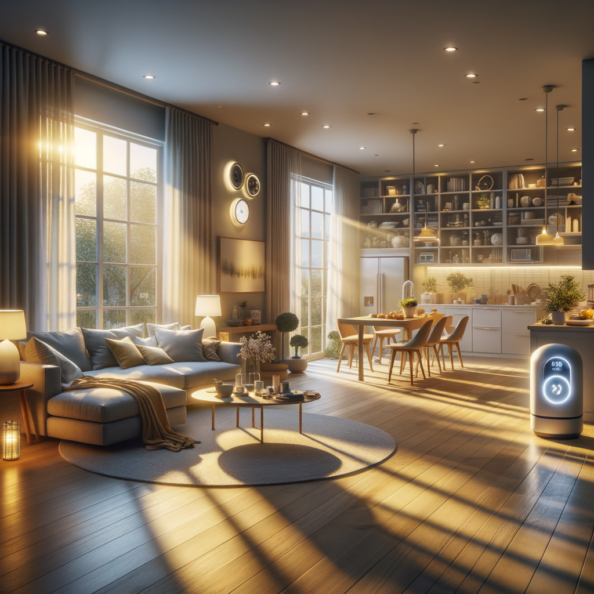 In una tranquilla casa di periferia, avvolta nell’atmosfera serena del pomeriggio, gli interni sono illuminati da una luce naturale che filtra attraverso le finestre. Non c’è nessuno in casa, ma il silenzio è interrotto solo dal leggero ronzio dei dispositivi elettronici.Nel soggiorno, la luce dell’ambiente si regola automaticamente, adattandosi alla luce naturale che varia con il trascorrere del giorno. Le tende si aprono e si chiudono delicatamente, seguendo un programma prestabilito per garantire la giusta quantità di luce e privacy in ogni momento.Nella cucina, un bollitore ad acqua si accende autonomamente, pronto a preparare una tazza di tè per il ritorno degli abitanti. Il frigorifero, dotato di sensori intelligenti, controlla costantemente la temperatura e la quantità di cibo al suo interno, avvisando di eventuali necessità di rifornimento o di problemi di conservazione.Nelle stanze da letto, i letti regolano automaticamente la loro temperatura e inclinazione per garantire un sonno confortevole. Le luci notturne si accendono dolcemente quando il sensore di movimento rileva un passaggio, illuminando il percorso senza disturbare il sonno.Nel bagno, il sistema di ventilazione si attiva autonomamente quando viene rilevata un’alta umidità, prevenendo la formazione di muffa e mantenendo l’ambiente fresco e asciutto.All’esterno, il sistema di irrigazione del giardino entra in azione, distribuendo l’acqua in modo uniforme e efficiente per mantenere il verde rigoglioso e vivace.Non c’è nessuno in casa, ma gli impianti di domotica lavorano instancabilmente per garantire il comfort, la sicurezza e l’efficienza energetica della dimora, creando un ambiente accogliente e funzionale che attende pazientemente il ritorno dei suoi abitanti.