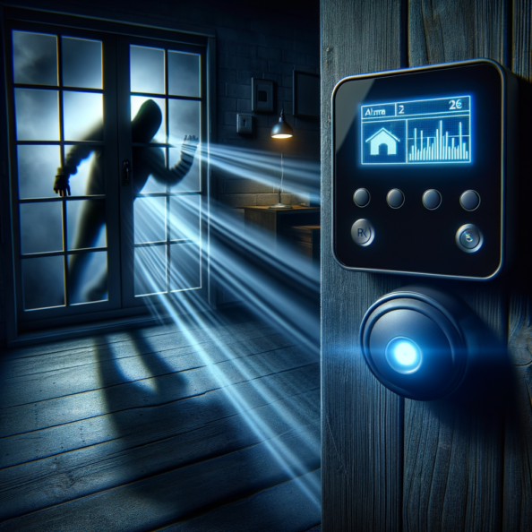 Mentre l’intruso tenta di forzare la finestra, mostra un sottile raggio di luce infrarossa che viene disturbato. In primo piano, un sensore di movimento nascosto nel buio cattura il cambiamento e invia un segnale al sistema di sicurezza. All’interno della casa, mostra il pannello di controllo digitale che si illumina improvvisamente, mentre un allarme discreto ma penetrante risuona nell’aria calma della notte.