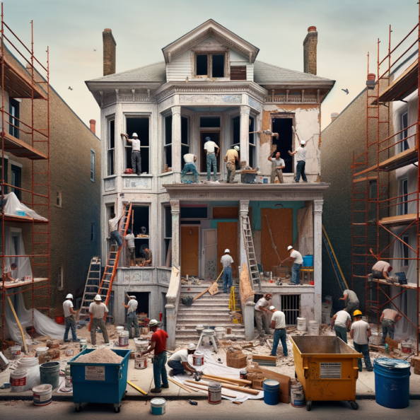 In una tranquilla strada di quartiere, una casa dalle vecchie pareti sbiadite si prepara a subire una trasformazione. Il cantiere di ristrutturazione è un’effervescente sinfonia di attività, con operai che lavorano con fervore per portare nuova vita all’edificio.All’esterno, impalcature avvolgono la casa come un abbraccio protettivo, mentre teloni di plastica proteggono le finestre e le porte dagli elementi. Il suono costante di martelli e trapani riempie l’aria, mescolandosi al vociare degli operai che si scambiano istruzioni e battute.Sul marciapiede, una serie di cassoni gialli e blu attendono di essere riempiti con detriti e materiali da smaltire. Alcuni operai si occupano di rimuovere vecchi elementi strutturali, facendo crollare muri interni per creare spazi più aperti e moderni.All’interno della casa, il suolo è coperto di trucioli di legno e sacchi di cemento, mentre l’odore pungente di vernice fresca si diffonde nell’aria. Elettricisti si arrampicano sulle scale per installare nuovi impianti elettrici, mentre idraulici lavorano sotto il lavandino della cucina per sostituire vecchie tubature con nuovi sistemi moderni.Nel soggiorno, operai abili rimuovono vecchi rivestimenti murali per scoprire le pareti di mattoni originarie, pronte ad essere restaurate e riportate al loro antico splendore. Lungo il corridoio, altri operai applicano stucco fresco e liscio, preparando le pareti per una nuova finitura.Nonostante il caos apparente, c’è un senso di eccitazione nell’aria, un’anticipazione per la trasformazione imminente. Ogni battito di martello e ogni pennellata di vernice porta l’edificio un passo più vicino alla sua nuova vita, pronta a accogliere i suoi abitanti con comfort e stile rinnovati.