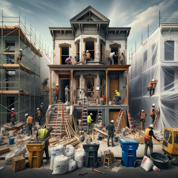 In una tranquilla strada di quartiere, una casa dalle vecchie pareti sbiadite si prepara a subire una trasformazione. Il cantiere di ristrutturazione è un’effervescente sinfonia di attività, con operai che lavorano con fervore per portare nuova vita all’edificio.All’esterno, impalcature avvolgono la casa come un abbraccio protettivo, mentre teloni di plastica proteggono le finestre e le porte dagli elementi. Il suono costante di martelli e trapani riempie l’aria, mescolandosi al vociare degli operai che si scambiano istruzioni e battute.Sul marciapiede, una serie di cassoni gialli e blu attendono di essere riempiti con detriti e materiali da smaltire. Alcuni operai si occupano di rimuovere vecchi elementi strutturali, facendo crollare muri interni per creare spazi più aperti e moderni.All’interno della casa, il suolo è coperto di trucioli di legno e sacchi di cemento, mentre l’odore pungente di vernice fresca si diffonde nell’aria. Elettricisti si arrampicano sulle scale per installare nuovi impianti elettrici, mentre idraulici lavorano sotto il lavandino della cucina per sostituire vecchie tubature con nuovi sistemi moderni.Nel soggiorno, operai abili rimuovono vecchi rivestimenti murali per scoprire le pareti di mattoni originarie, pronte ad essere restaurate e riportate al loro antico splendore. Lungo il corridoio, altri operai applicano stucco fresco e liscio, preparando le pareti per una nuova finitura.Nonostante il caos apparente, c’è un senso di eccitazione nell’aria, un’anticipazione per la trasformazione imminente. Ogni battito di martello e ogni pennellata di vernice porta l’edificio un passo più vicino alla sua nuova vita, pronta a accogliere i suoi abitanti con comfort e stile rinnovati.